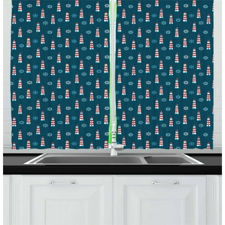 Navy Blue And Red Living Room Lighthouse Curtains 2 Panels Set, Abstract Helms Marine Navigation Towers Children Cartoon Style Pattern, Window Drapes for Living Room Bedroom, 55W X 39L Inches, Navy Blue Red White, by Ambesonne ()