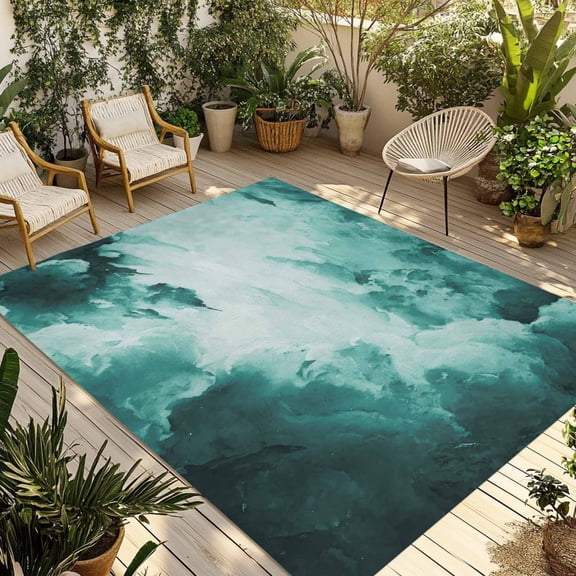 Teal Green Ombre Clouds Outdoor Rug for Patio/Deck/Porch, Non-Slip Large Area Rug 5 x 7 Ft, Modern Abstract Gradient Cloud Indoor Outdoor Rugs Washable Area Rugs, Reversible Camping Rug Carpet Runner