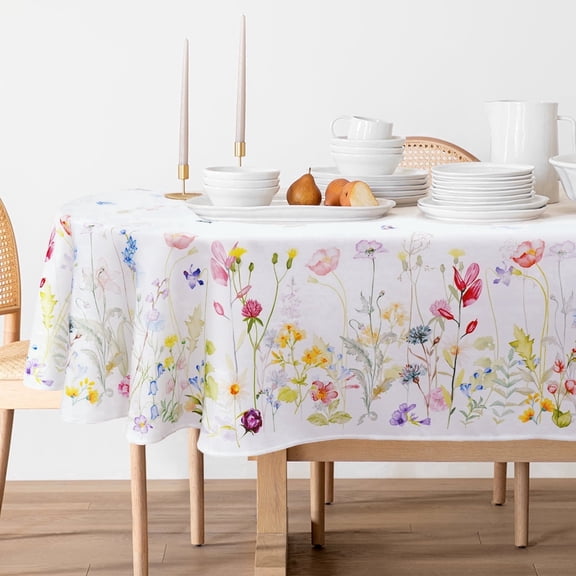 Floral Oval Tablecloth, Washable Polyester Table Cover for Dining Room and Kitchen, White Botanical Wildflower Print 54 X 72 Inch