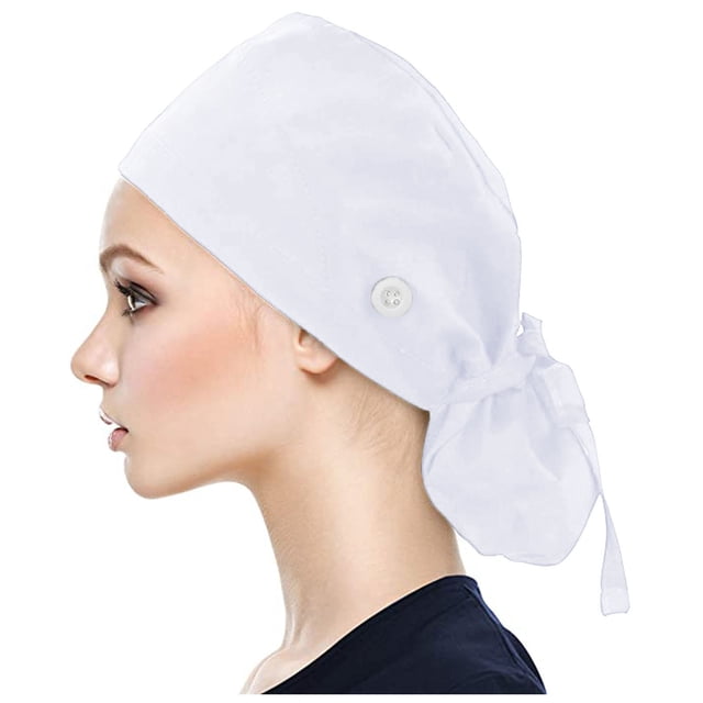Scrub Cap with Buttons Bouffant Hat with Sweatband for Womens and Mens