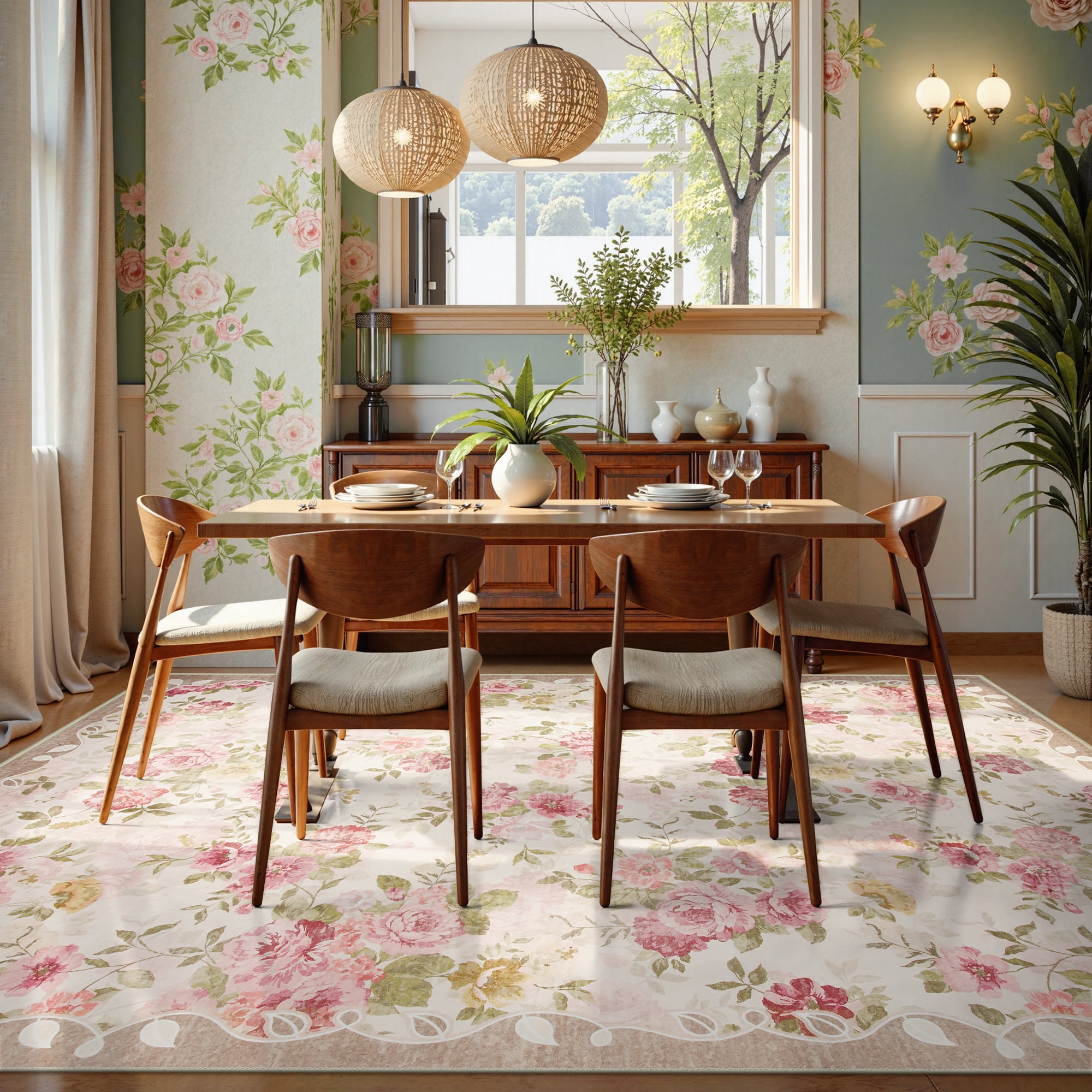 Lahome Decor 6'x9' Boho Floral Area Rug 6x9ft Washable Rugs for Living Room,Vintage Girls Rugs for Bedroom Ultra-Thin Non Slip Nursery Rug Girl Carpet for Playroom Dining Room Nursery,Beige
