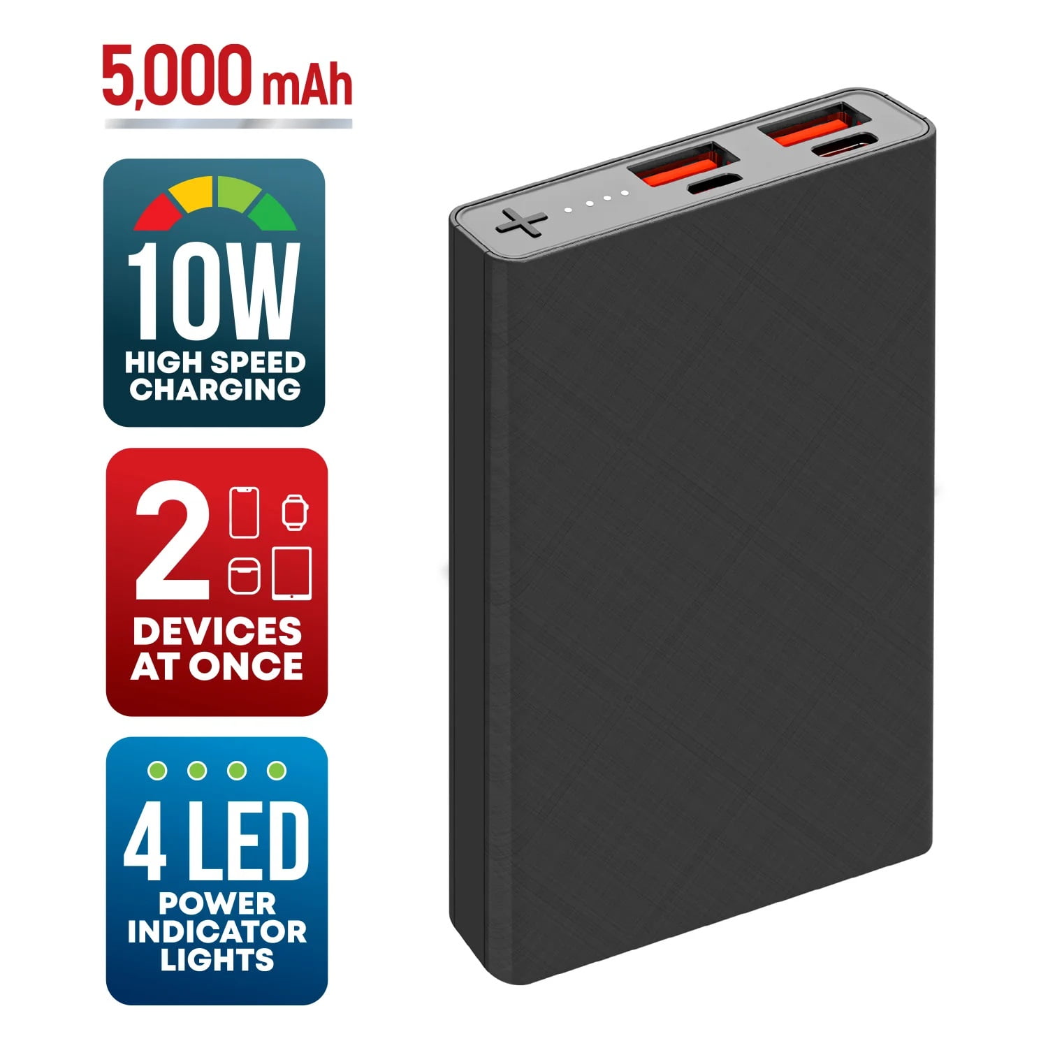 5000mAh Multi-Port Slim and Fast Power Bank Battery Pack Portable Charger - Black
