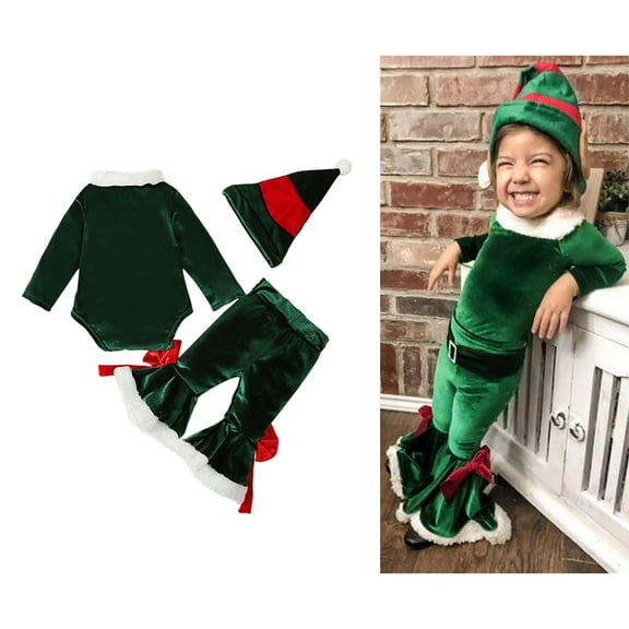 Baby Girl Elf Outfit Long Sleeve Romper Flare Pants with Hat Set Infant Christmas Outfits for Girls Party Dress Up 3-6 Months