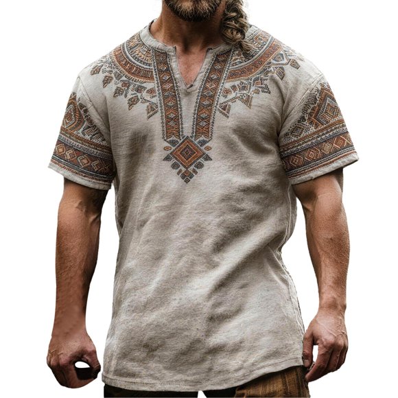 Medieval Viking T-Shirt for Men Ethnic Printed Summer Boho Short Tee Retro V Neck Cotton Linen Beach Hippie Shirt