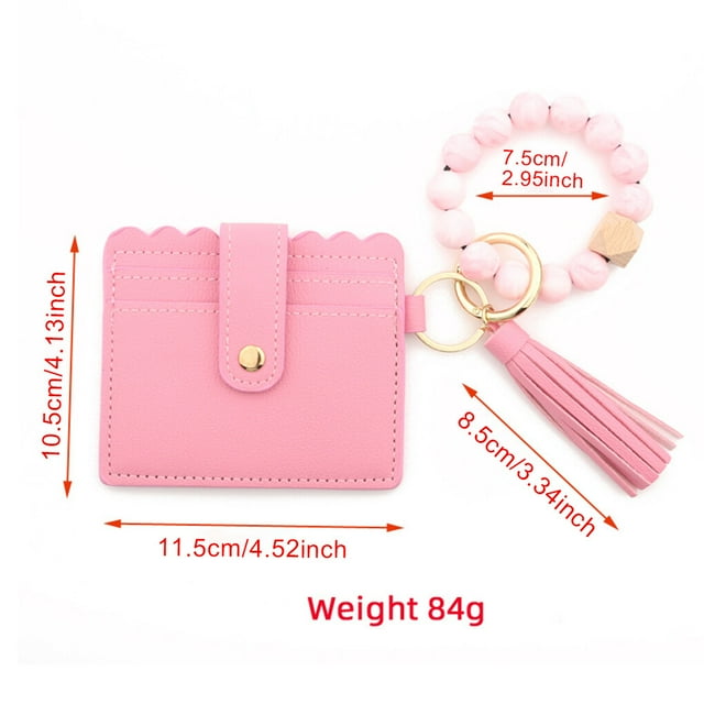 Dalazy Women Keychain Bag with Tassel Wallet Fashion Key Chain Snap Button Card Holder Bangle Bracelet Keyring Pendant Accessory Pink