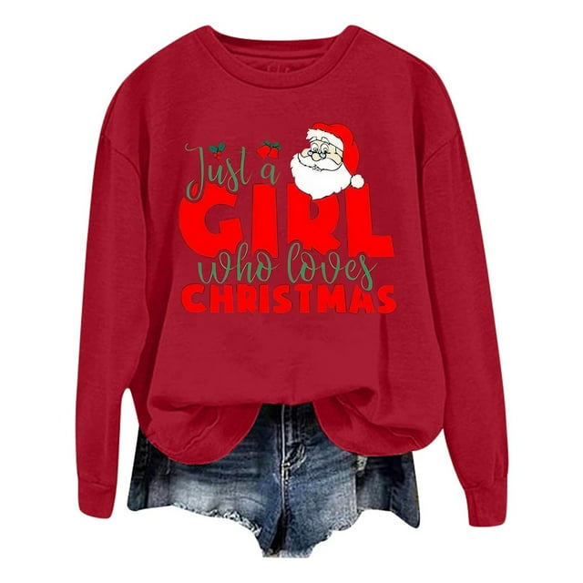 VBARHMQRT Chandails à Capuche et Chandails en Molleton de Mode pour Femmes Chandails de Noël Mode Père Noël Imprimé Lettre Manches Longues Col Rond