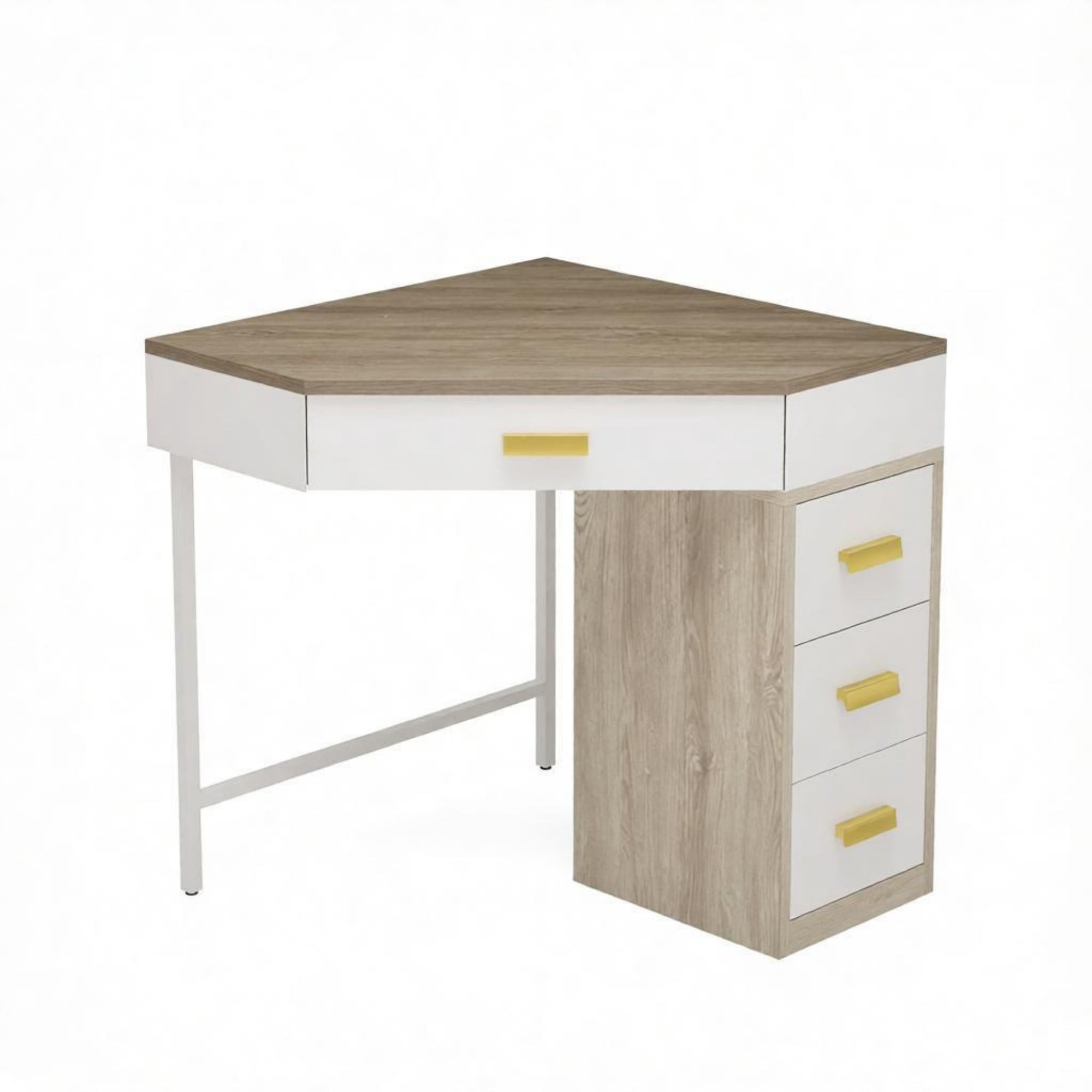 Triangle Corner Desk with 3 Drawers, Space-Saving Computer Desk & Makeup Vanity, Compact L-Shape Workstation for Small Spaces