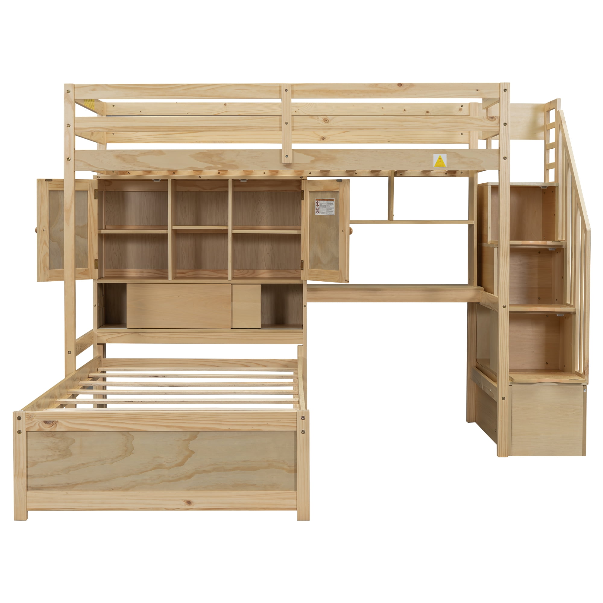 EUROCO Twin over Twin Bunk Bed with Desk and Shleves, Bookcase and Staircase for Kids Teens, Natural