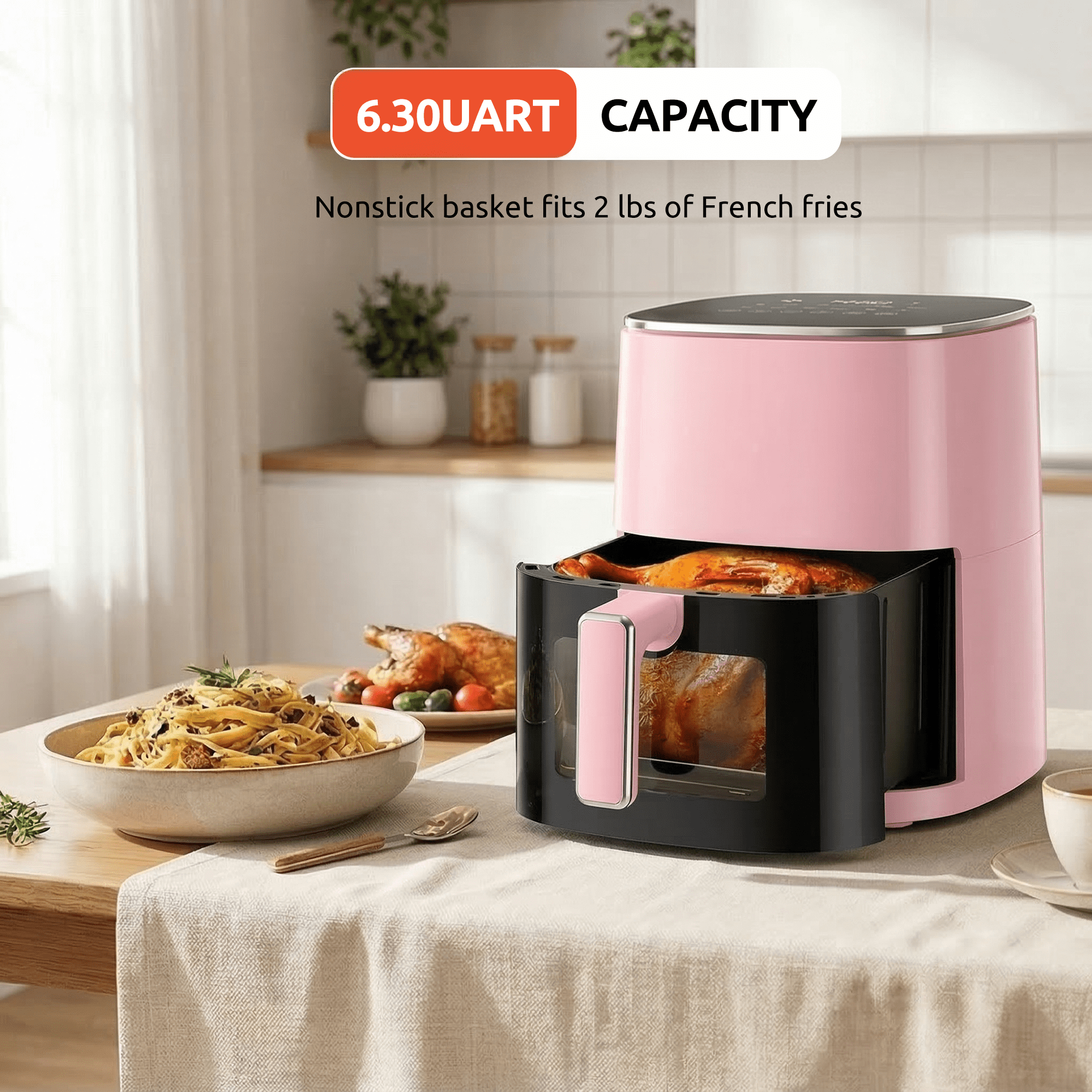 ROSVOVO Air Fryer 6-Quart with Viewing Window 12-in-1 Functions Digital Cooker for Crispy Fries Roasted Chicken Wings, 400°F Max Temperature, Pink