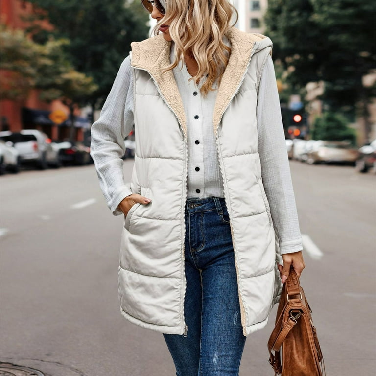 TQWQT Fall Reversible Vests for Women Sleeveless Fleece Jacket Zip Up  Hooded Vest Long Warm Winter Coat Comfy Outerwear White XL 