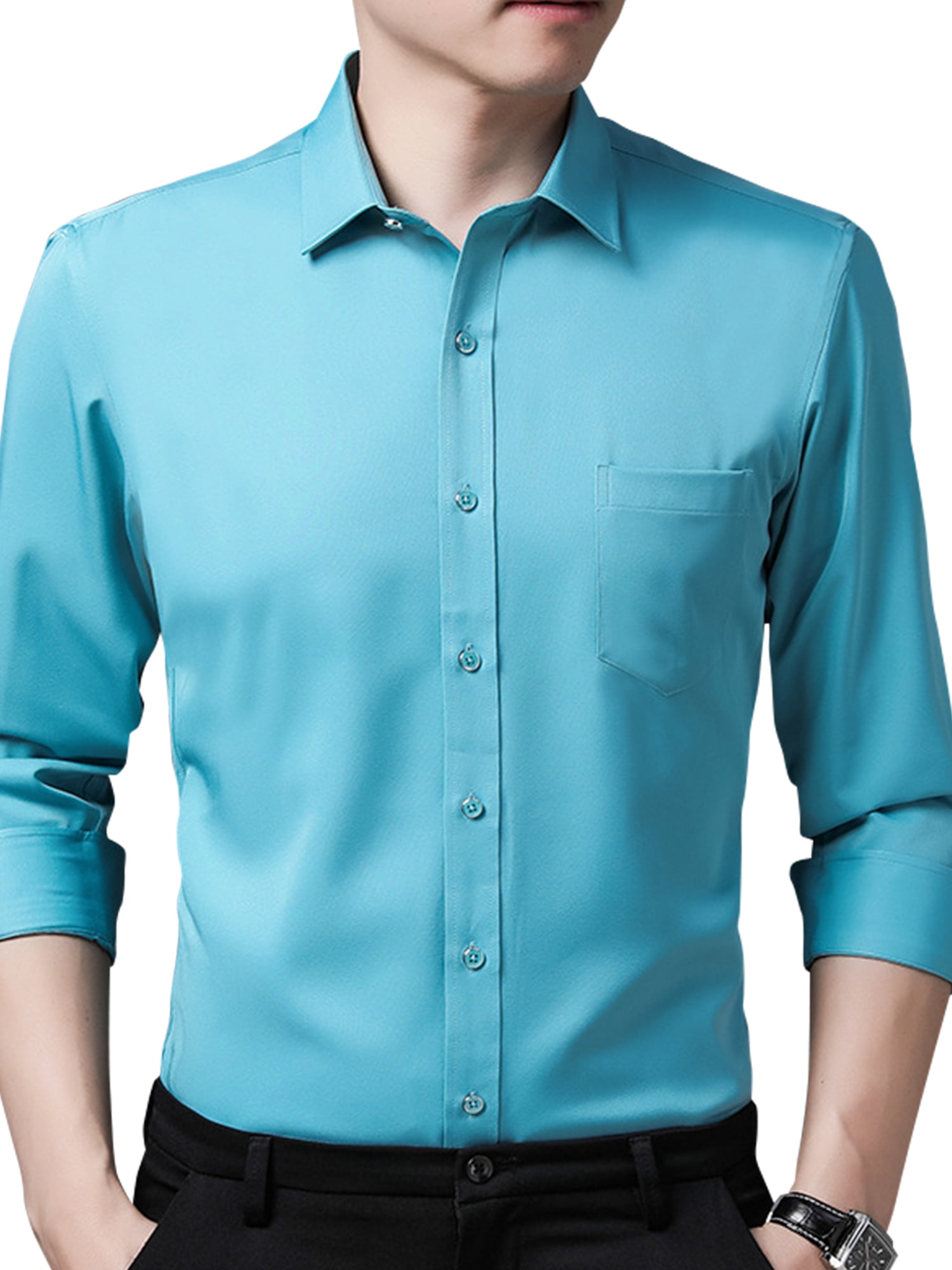 Essentials Slim-fit Long-Sleeve Solid Pocket Oxford Casual Shirt