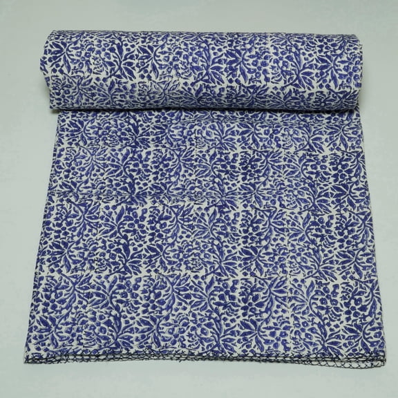 Blue Floral Block Print CottonIndian Kantha Quilt â€“ Handmade Indian Bedspread for Bedding, Sofa DÃ©cor & Cozy Home Style