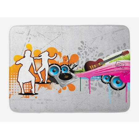 Grunge Bath Mat, Music People with Turntable and Speakers Dancing Funky Urban Nights Guitar Print, Non-Slip Plush Mat Bathroom Kitchen Laundry Room Decor, 29.5 X 17.5 Inches, Multicolor,