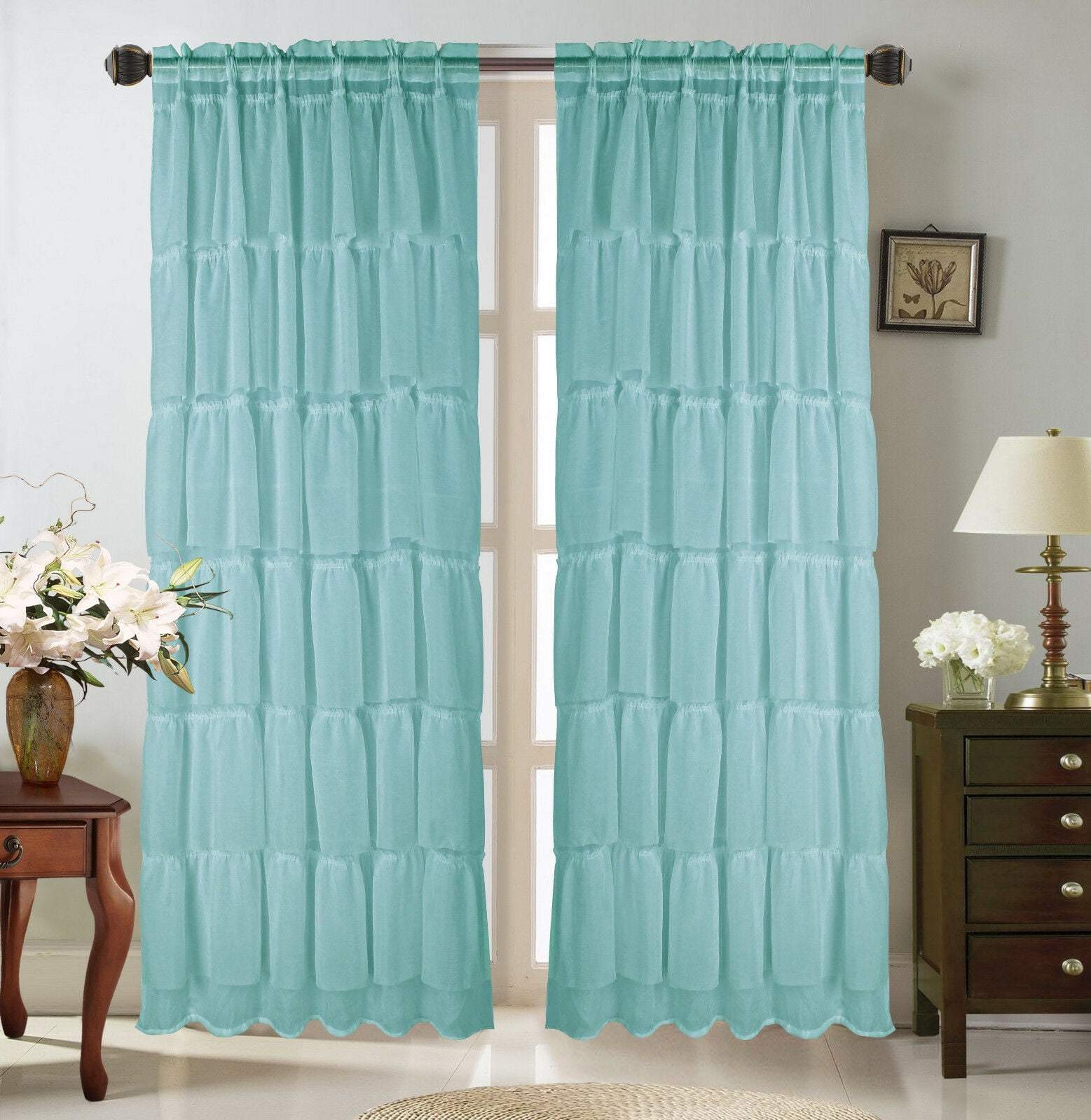 2pc TEAL Cascade Ruffles Elegant Crushed Voile Sheer Window Curtain