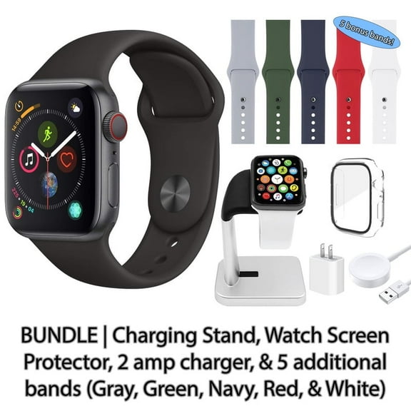 Restored Apple Watch Series 4 (GPS, 40 mm) Space Gray Aluminum Case with Black Sport Band Bundle 5 Bonus Bands, Charging Stand, Screen Protector, & 2 amp charger (Refurbished)