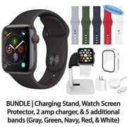 Restored Apple Watch Series 4 (GPS, 40 mm) Space Gray Aluminum Case with Black Sport Band Bundle 5 Bonus Bands, Charging Stand, Screen Protector, & 2 amp charger (Refurbished)