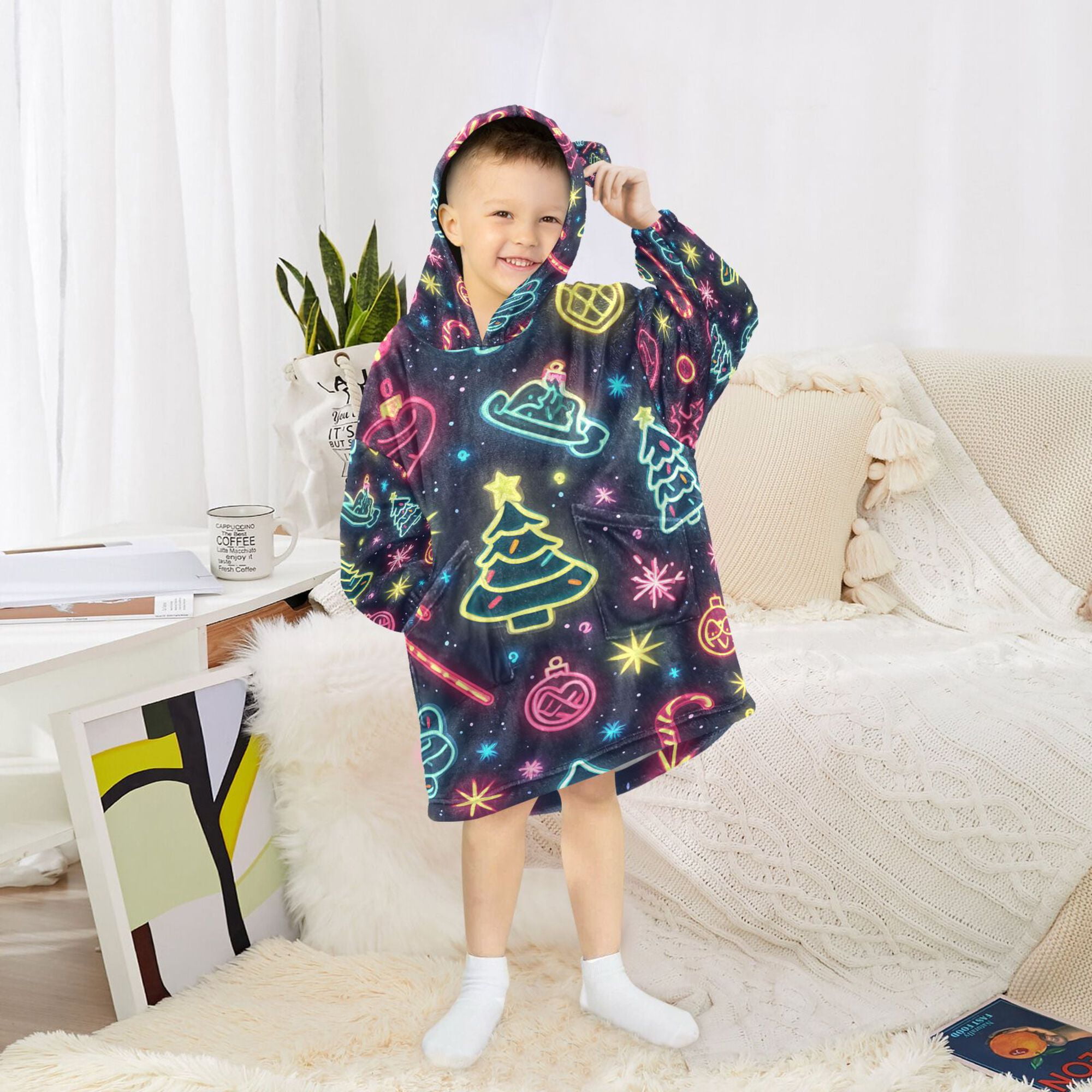 FORMRS Wearable Blanket Hoodie with Sleeves for Kids Cozy Flannel Sweatshirt, Neon Christmas