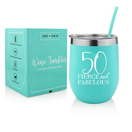 

50th Birthday Funny Wine Gifts for Women 12 oz Stainless Steel Wine Tumbler with Lid Insulated Wine Glass for 50 Milestone Birthday Gift for Her Presents for Turning Fifty and Fabul