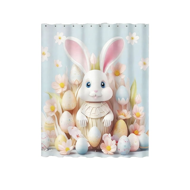 A Easter Shower Curtain With Bunny Rabbit Pattern Waterproof Fabric Bathroom Curtain Set Includes 12 Hooks Machine Washable Home Decor