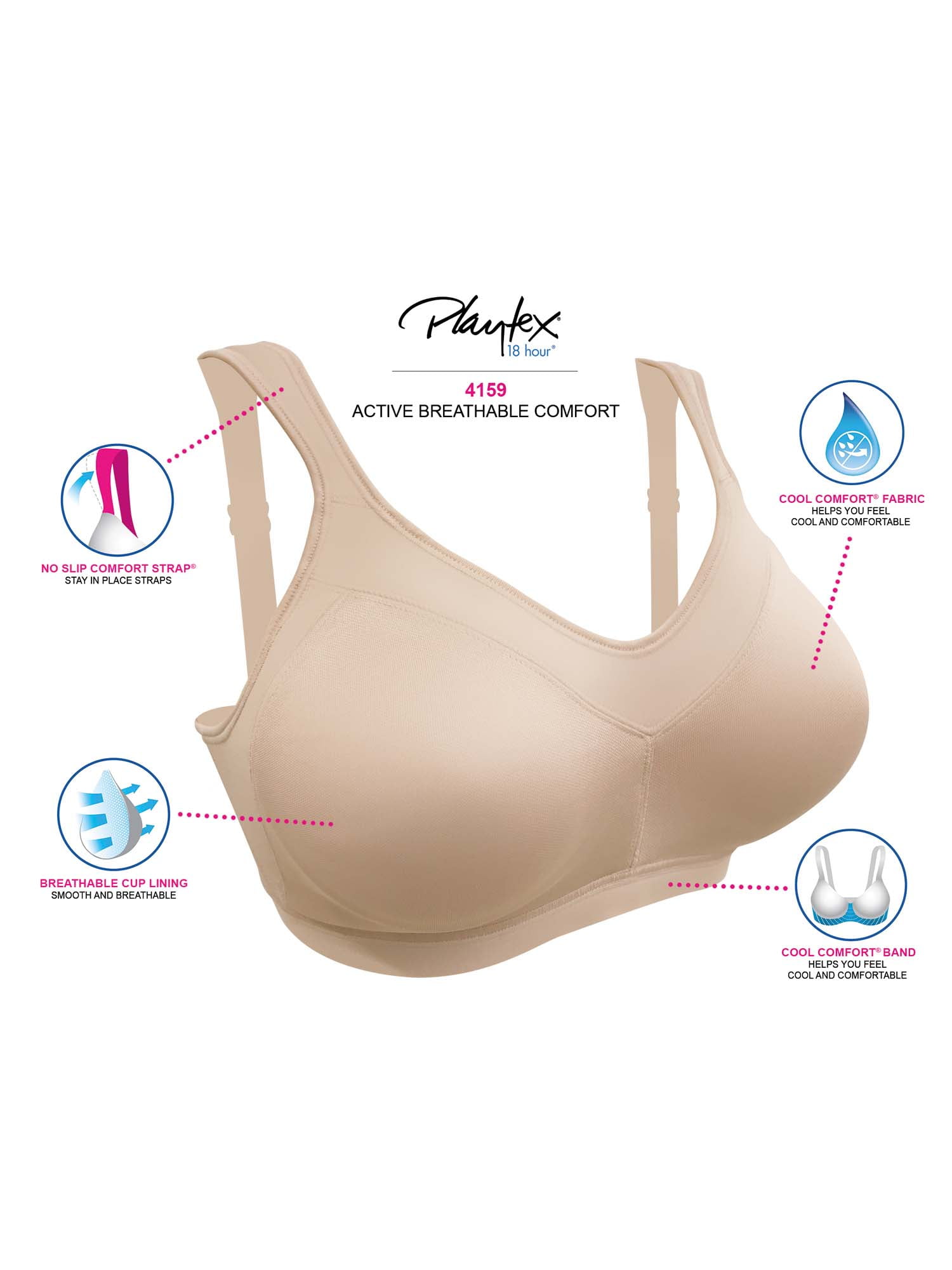 Playtex 18 Hour Active Breathable Comfort Full Coverage Wireless Bra Nude  42D Women's 