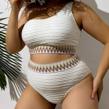 BSDJILFG Womens Plus Size One Shoulder Swimsuits 2 Piece Push Up Bralette Seamless Bohemian High-Cut Swimwear Bathing Suit Bottom Clearance XL-4XL