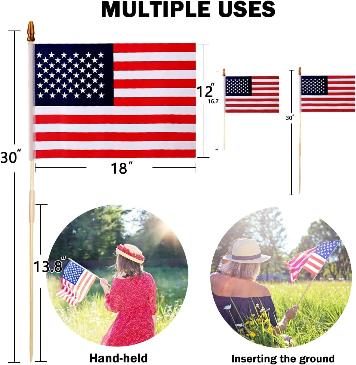 24 Pcs 12x18 Inch American Flags on Stick, American Flags, USA Stick Flag with Handheld and Grounded Multi-Purpose Flagpole, Design for Memorial Day, 4th of July, Veterans Day, Outside decorations