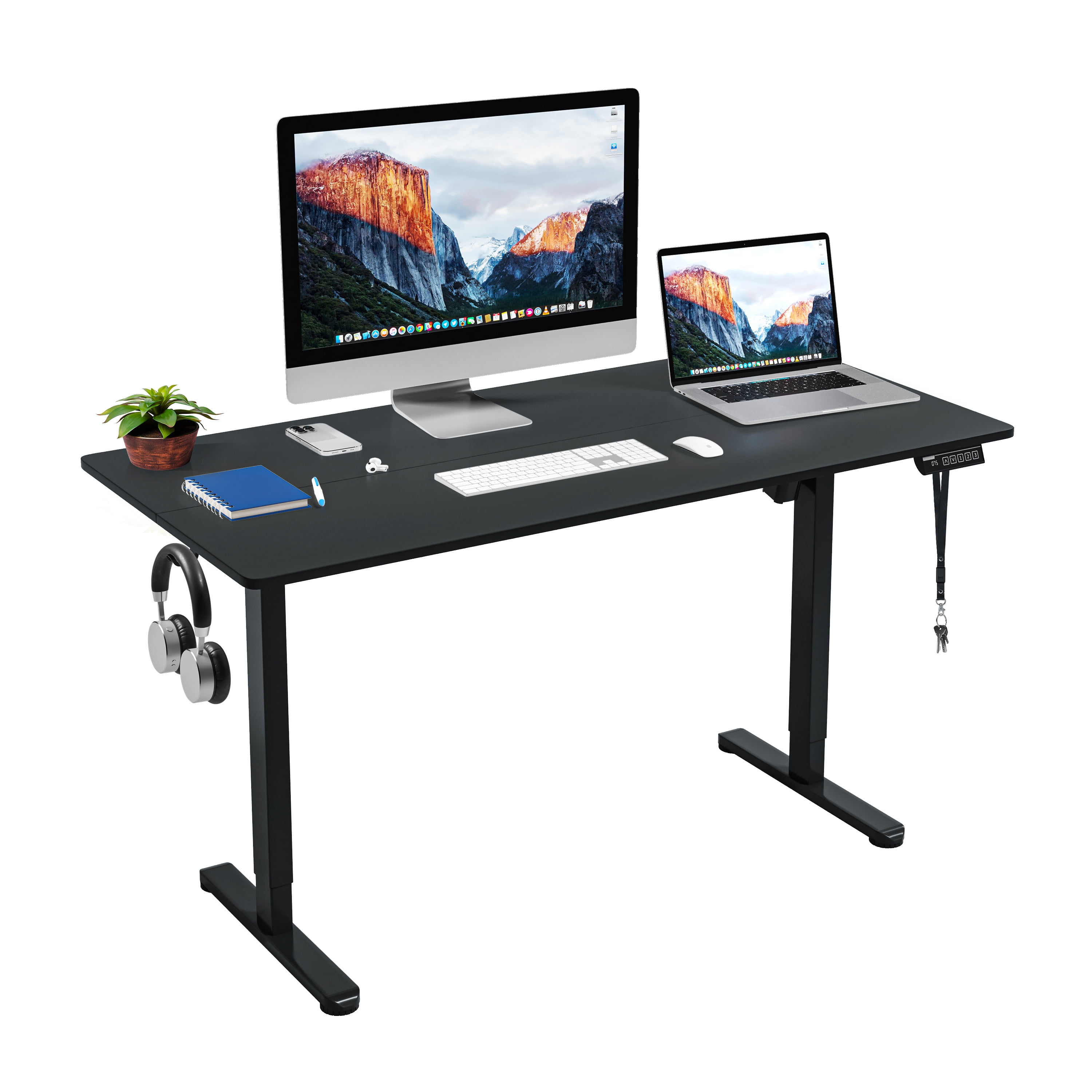 Techni Mobili 55” W Electric Standing Desk, Height Adjustable Sit-to-Stand Desk with 3 Memory Presets and Dual Accessory Hooks, Black