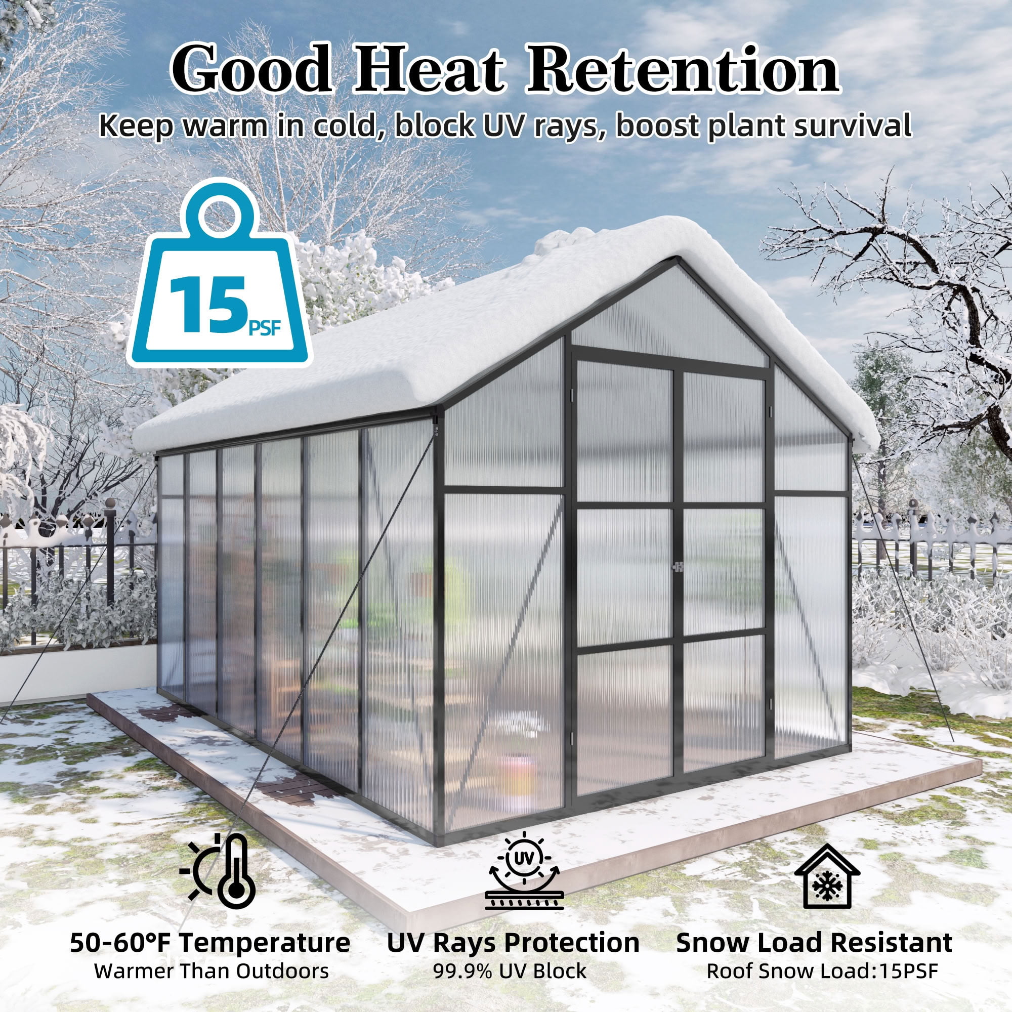 MAYEERTY 8x12 FT Walk-in Greenhouse with Raised Base & Anchors, All-Season UV-Protected Greenhouse with Drainage System for Backyard, Garden & Patio