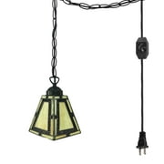 FSLiving Hanging Swag Lamp Portable Tiffany Yellow Pyramid Shape Pendant Light Stained Glass Baroque Style Colorful Chandelier with 15ft Plug-in On/Off Dimmer Switch Cord,Bulbs Not Included - 1 Pack