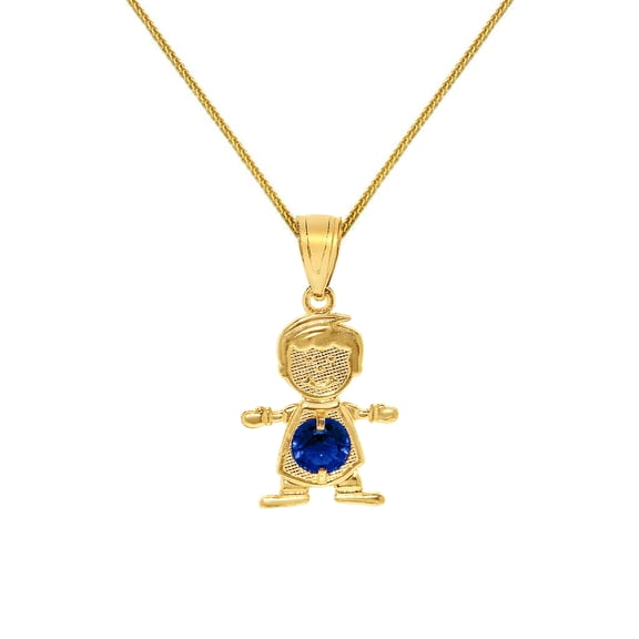Precious Stars 14K Yellow Gold Round-cut Cubic Zirconia September Birthstone Boy/Son Pendant with 16" Chain Necklace