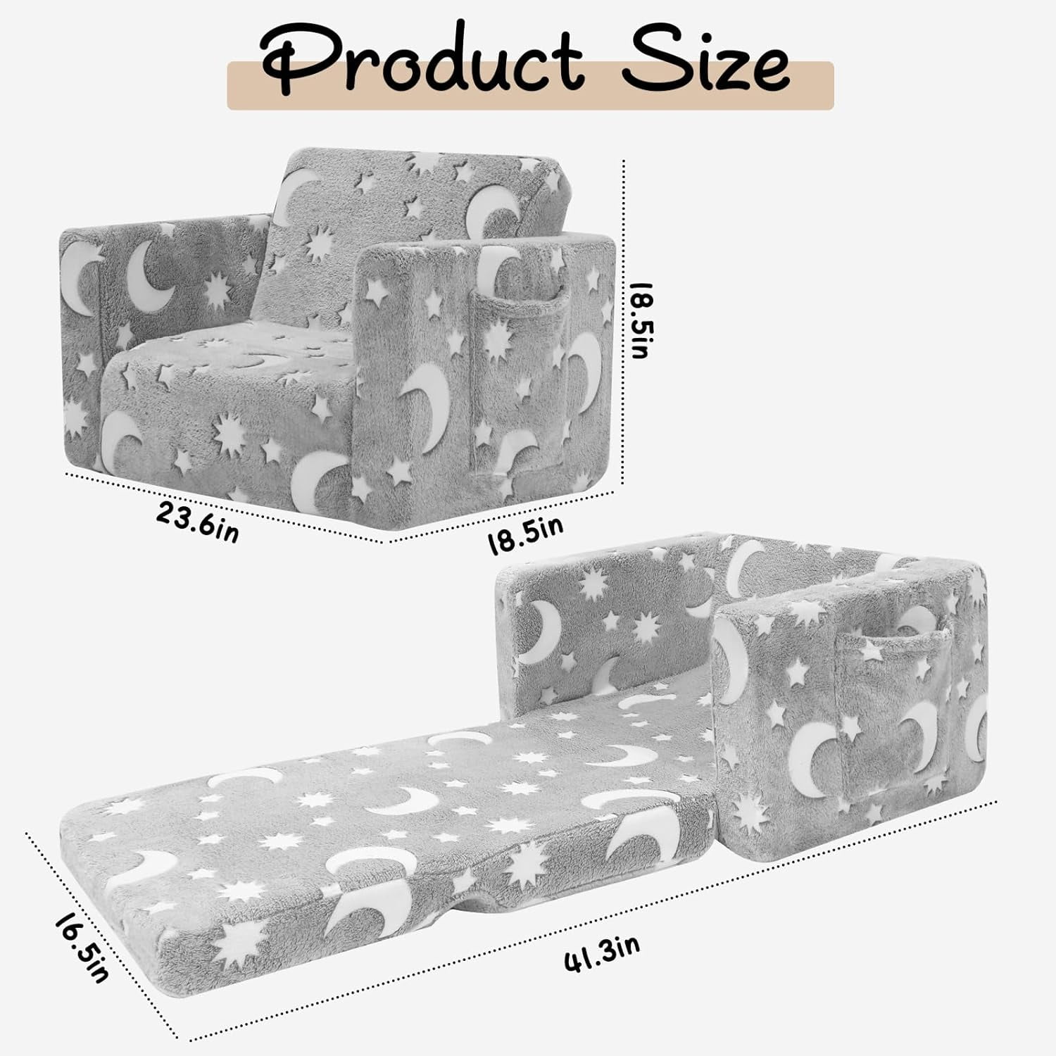 Toddler Couch, Toddler Chair Folding, Kids Couch 2 in 1 Kids Sofa Glow in The Dark Couch, Gifts Sleeper for Girls Boys - Gray Sky