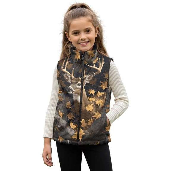 Binienty Camo Hunting Elk Vest Waistcoat for Girls Polar Fleece Vest With Front Pockets Stand Collar Soft Fuzzy Fluffy Fleece Jacket Toddler Trendy Winter Clothes