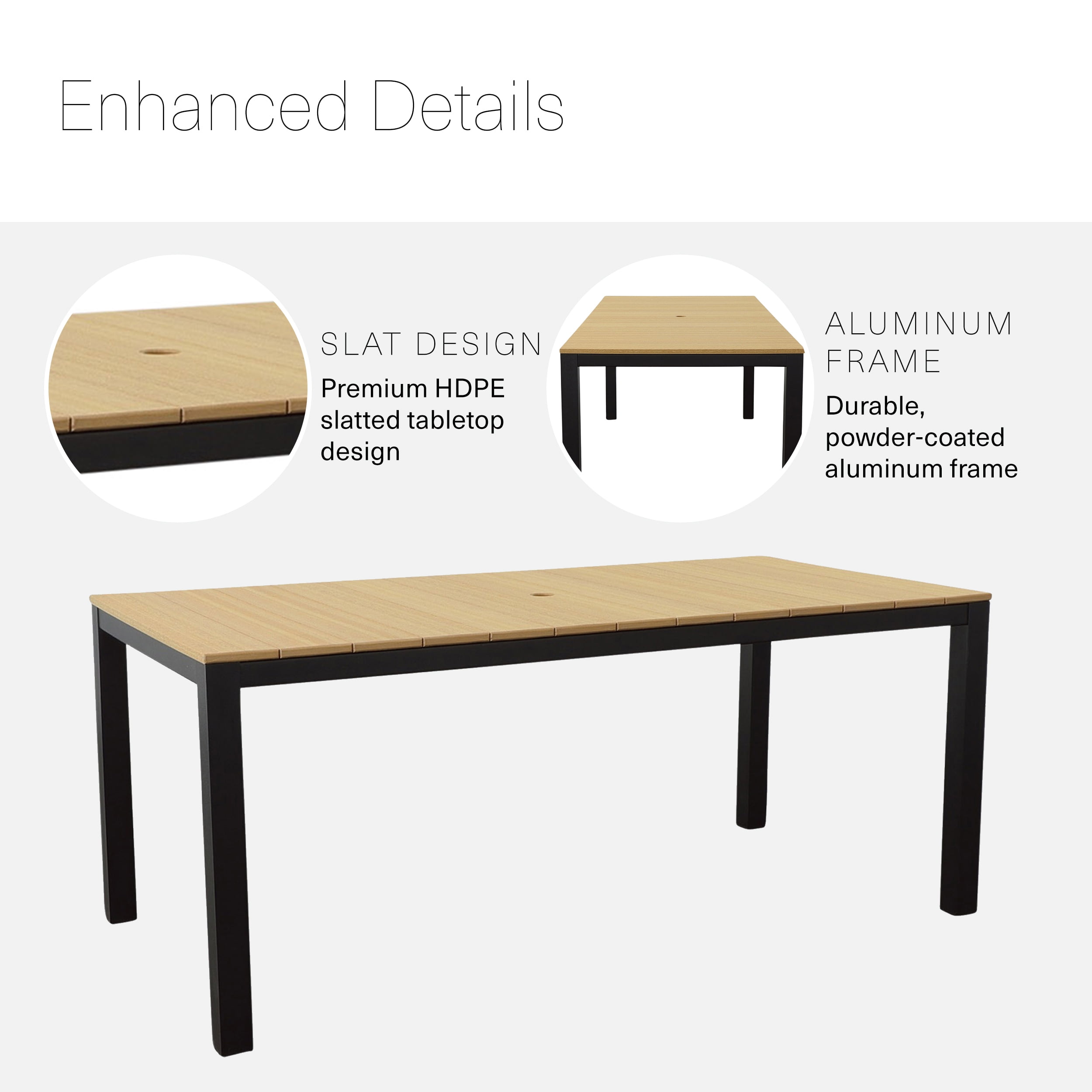DuroGreen Park City 72" Rectangular 6-Pc Outdoor Dining Set, 1 Table/1 Bench/4 Chairs Made with All-Weather Tangent Sustainable Lumber, High End Patio Furniture, Black with Natural Teak