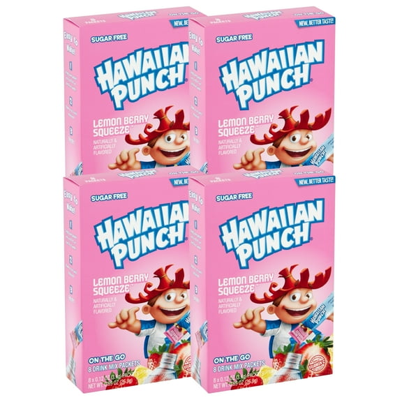 Hawaiian Punch  Singles To Go Powder Drink Mix, Lemon Berry Squeeze Flavored Drinks  Low-Calorie & Delicious Fruity Taste Water Enhancer Quick & Convenient Water Beverages (4 Boxes- 32 Total Servings)