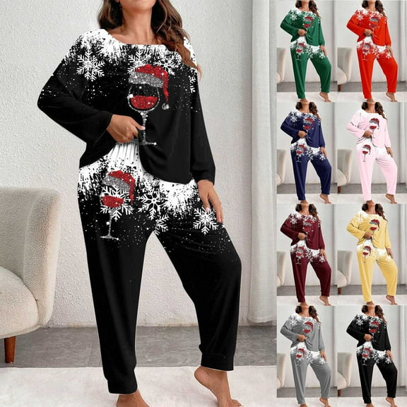 Hueook Christmas Pajamas for Women's Plus Size Fashionable Print Long Sleeved Pants Casual Home Suit Set Wine 4X