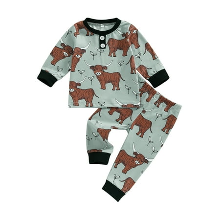 

Infant Baby Boy Girl Spring Clothes Set Cartoon Cattle Print Long Sleeve O-Neck Button Tops + Elastic Waist Trousers