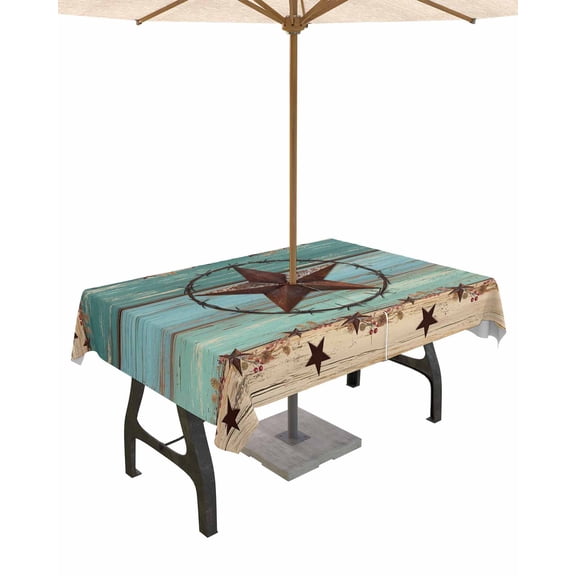 Outdoor Tablecloth with Umbrella Hole for Patio/Picnic/Party/Camping, Texas Star Country Waterproof Table Cloth Rectangle Table Cover Washable, Western Old Wooden Board Vintage 60"x 84"