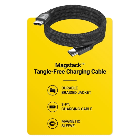 Scosche MagStack SCCBM3-HTSK 3ft Tangle-Free Magnetic USB-C to USB-C Fast Charge Cable, Black
