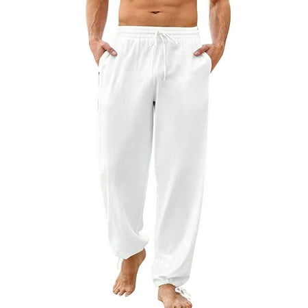 snowsong Mens Pants Mens Workout Pants Mens Fashion Casual Solid Color Cotton And Linen Lace Up Pants Bloomers Pants Lounge Pants White 3XL