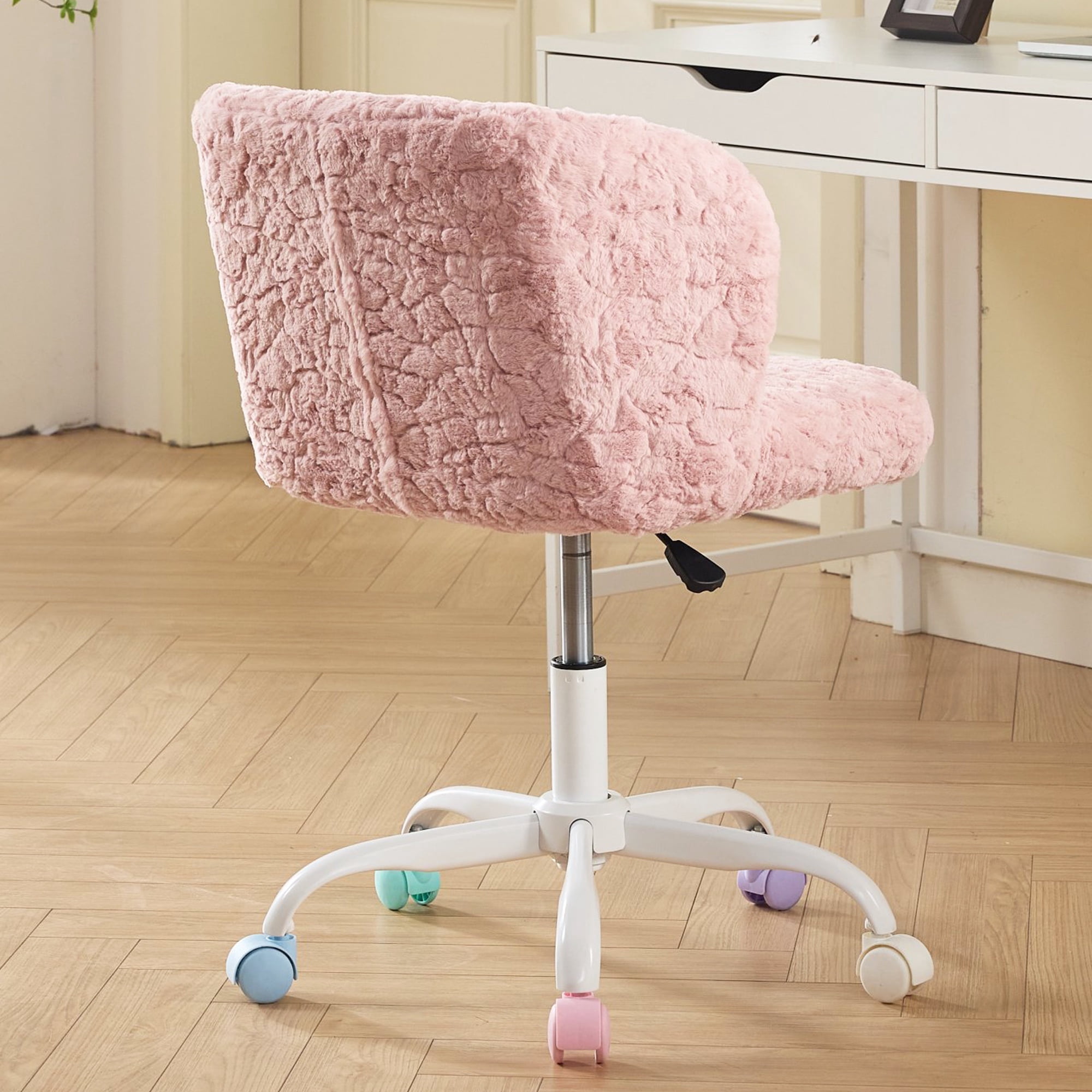 PAPROOS Vanity Chair with Wheels, Home Office Chair, Cute Makeup Desk Chair with Artificial Alpaca Wool Fabric, Adjustable Swivel Task Computer Chair for Bedroom, Pink