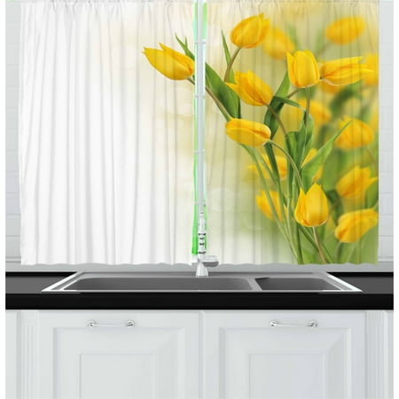 Famous Flower - Yellow Flower Curtains 2 Panels Set, Romantic Tulip Bouquet Famous Plant of Netherlands Botanical Theme, Window Drapes for Living Room Bedroom, 55W X 39L Inches, Mustard Fern Green, by Ambesonne