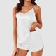 thumbnail image 2 of Conjunto de pijama sexy de seda para mujer: camisola y pantalones cortos de satén, tirantes finos en V, ropa de dormir tipo lencería para todas las estaciones, 2 of 5