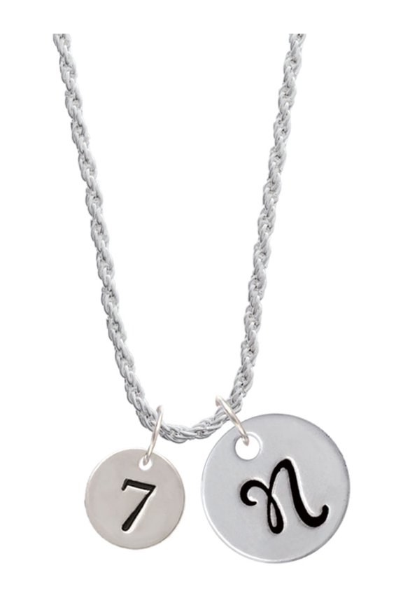Silvertone Disc 1/2'' Number - 7 - Silvertone Script Initial Disc - N - Charm Necklace, 20"+3"