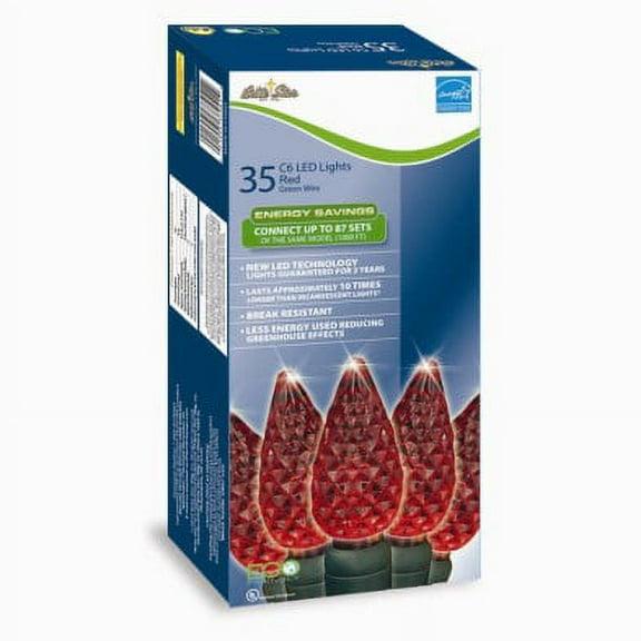 Set of 35 Super Bright Festive Red LED C6 Faceted Christmas Lights - Green Wire