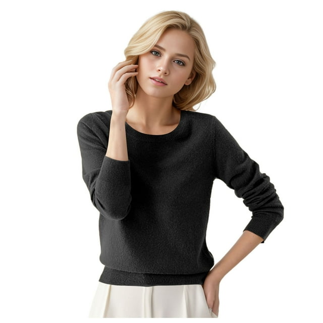 Tiweut Chandails pour Femmes Col Rond Manches Longues chandail-Over Couleur Unie Coupe Ample Chaud Hauts Réguliers Noir,TG