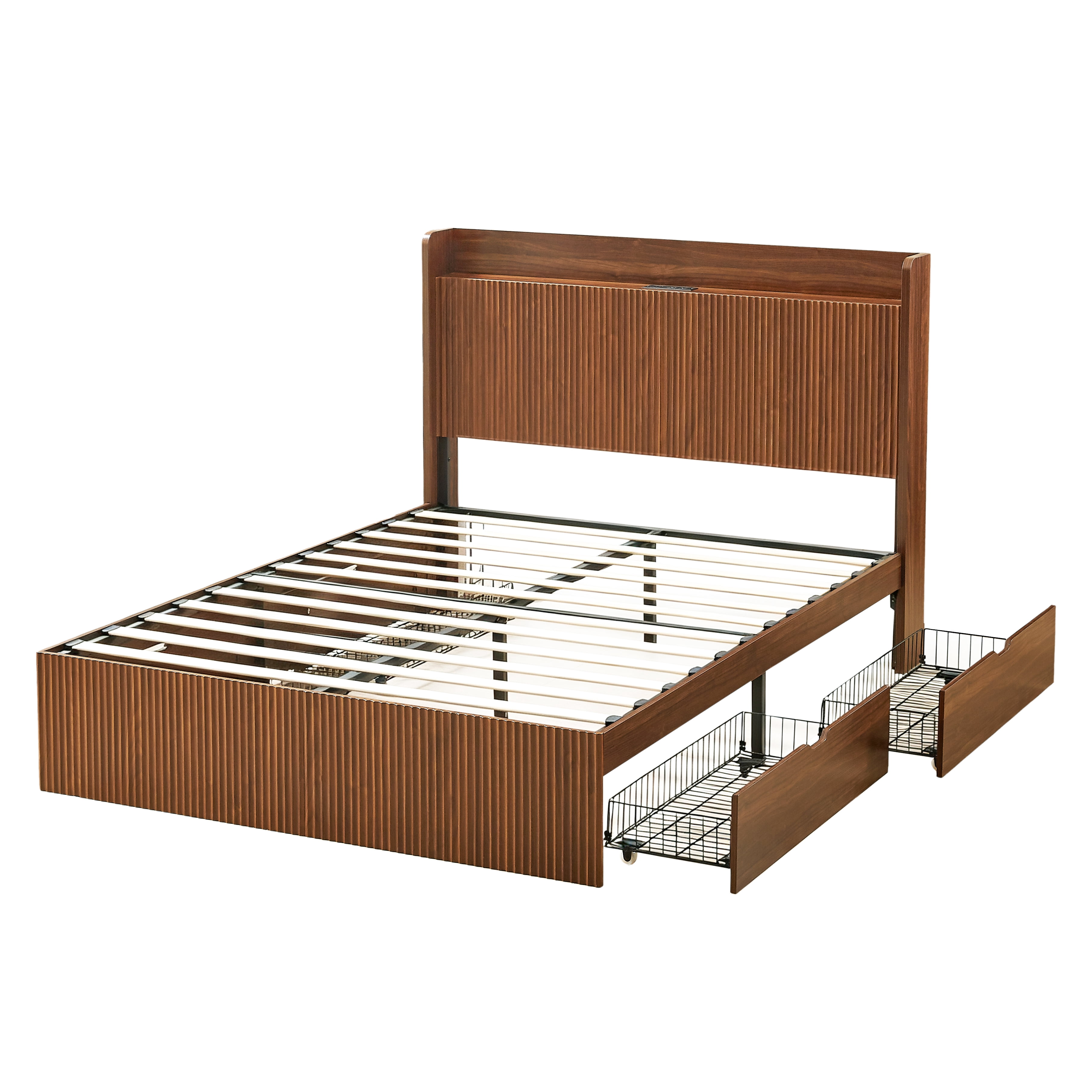 GARITIN Queen Size Platform Bed Frame with 4 Storage Drawers & Built-in Charging Station, Wooden Storage Box Bed, Large Capacity Organizer for Bedroom, Walnut