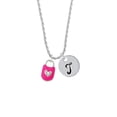 thumbnail image 2 of Delight Jewelry Hot Pink Enamel Lock with Clear Crystals Silvertone Script Initial Disc - T - Charm Necklace, 20"+3", 2 of 4