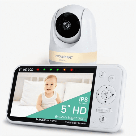 Babysense Prisma Baby Monitor with Camera and Audio, 5” HD Video Baby Monitor, 6-Color Night Light, Split Screen, Baby Sound Machine with White Noise & Lullabies, Secure No Wifi