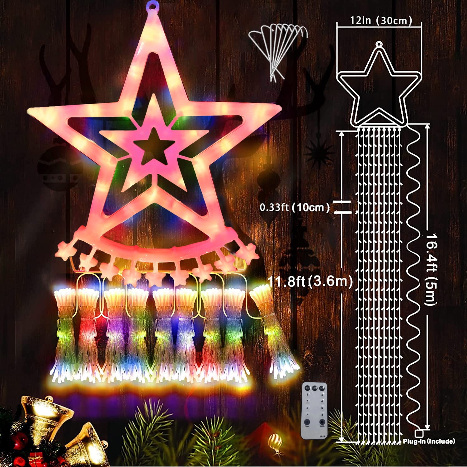 Festive Decorations Outdoor Star Light, 11.48 Feet 350 LED Waterfall Tree  Light with 8 Modes Timer Remotely Plugged Outdoor/Indoor String Lights for  Indoor Patio Outdoor Family Holiday Party Decoration