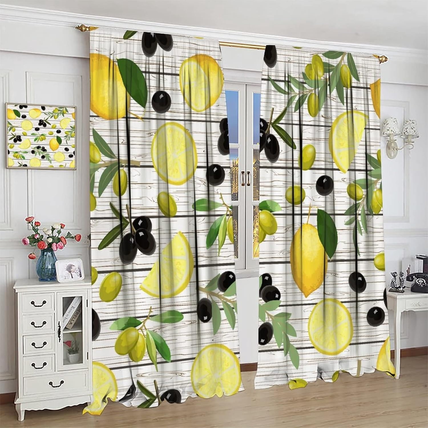 Lemon and Olive Shade Curtains, Yellow Lemon and Black Olive Branches On Wood Background, Bedroom Living Room Rod Pocket Design, 2 Sets of Panels, 52x84 Inches.
